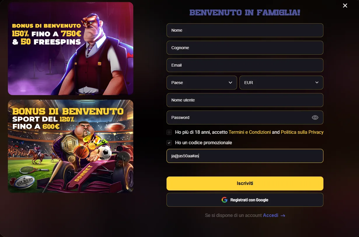 Registrazione Donbet con codice promozionale