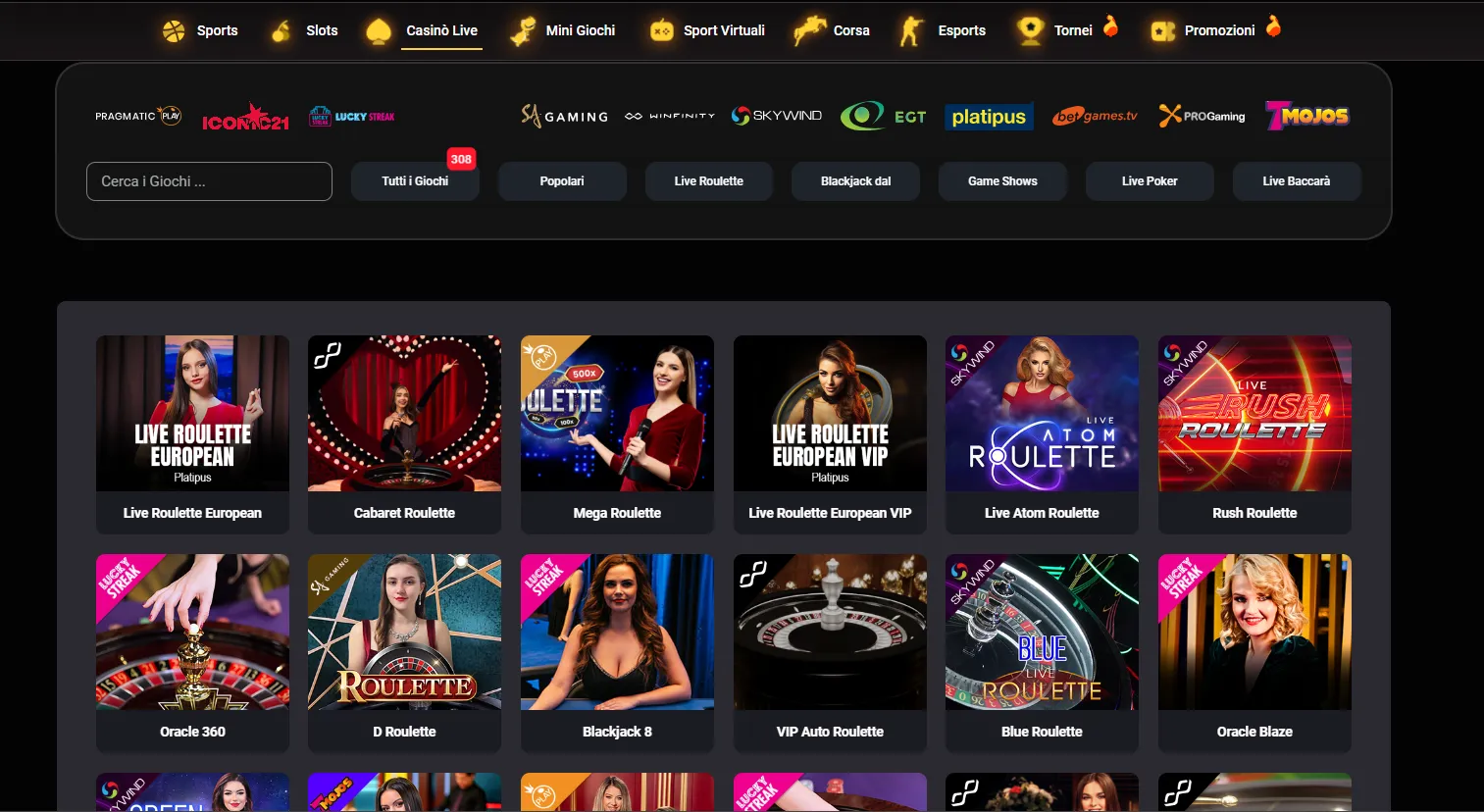 Live casino lobby screenshot with dealers
