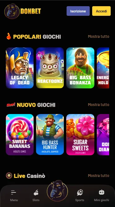 Homepage mobile di Donbet casino